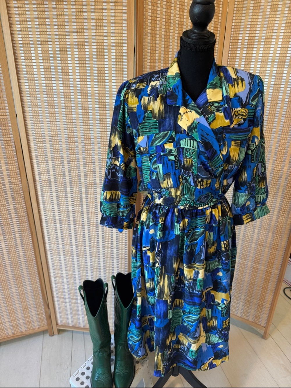 Vintage Breli Originals Blue, Green & Yellow Print Midi Dress